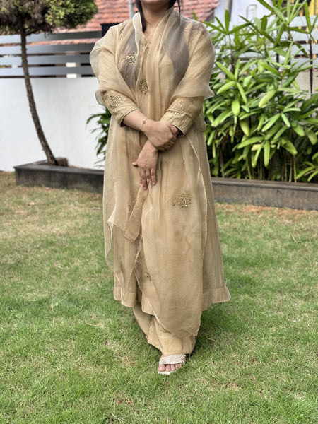 CHAAND - Beige Gold Handcrafted Anarkali Suit