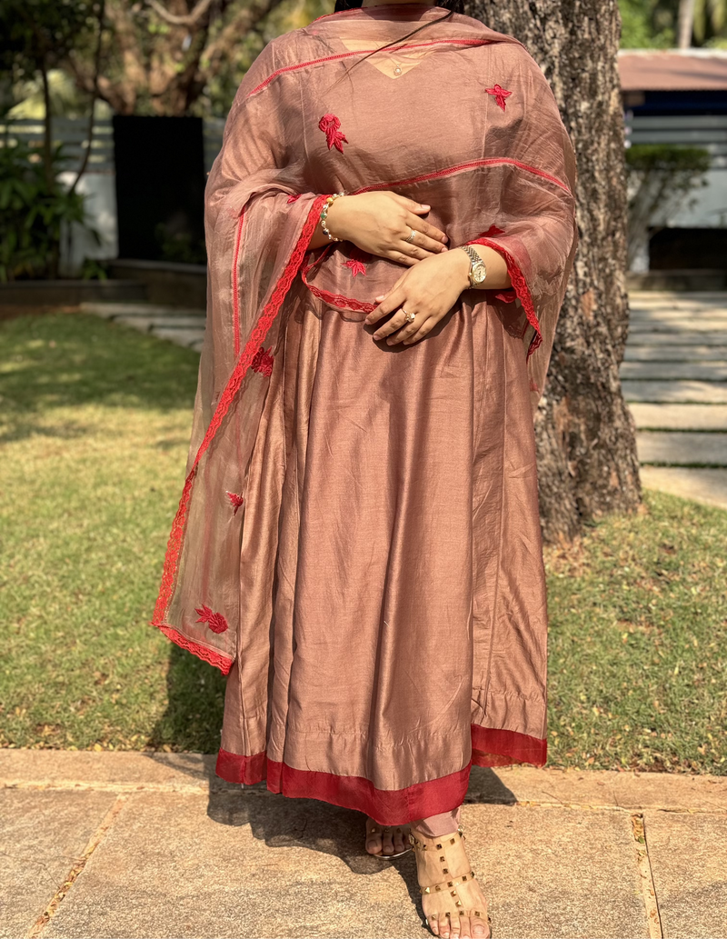SHEEN - Floral Mocha Mousse Red Handcrafted Anarkali Suit