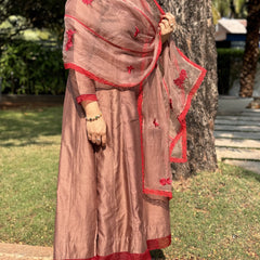 SHEEN - Floral Mocha Mousse Red Handcrafted Anarkali Suit