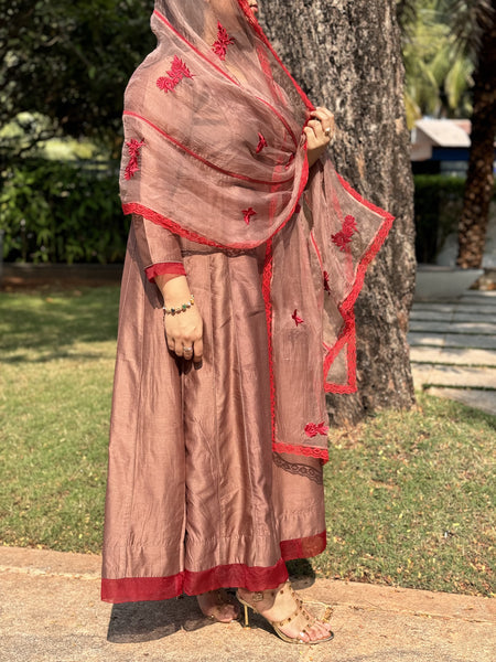 SHEEN - Floral Mocha Mousse Red Handcrafted Anarkali Suit