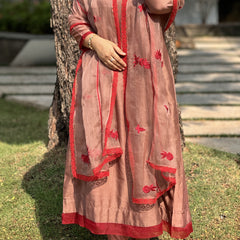 SHEEN - Floral Mocha Mousse Red Handcrafted Anarkali Suit