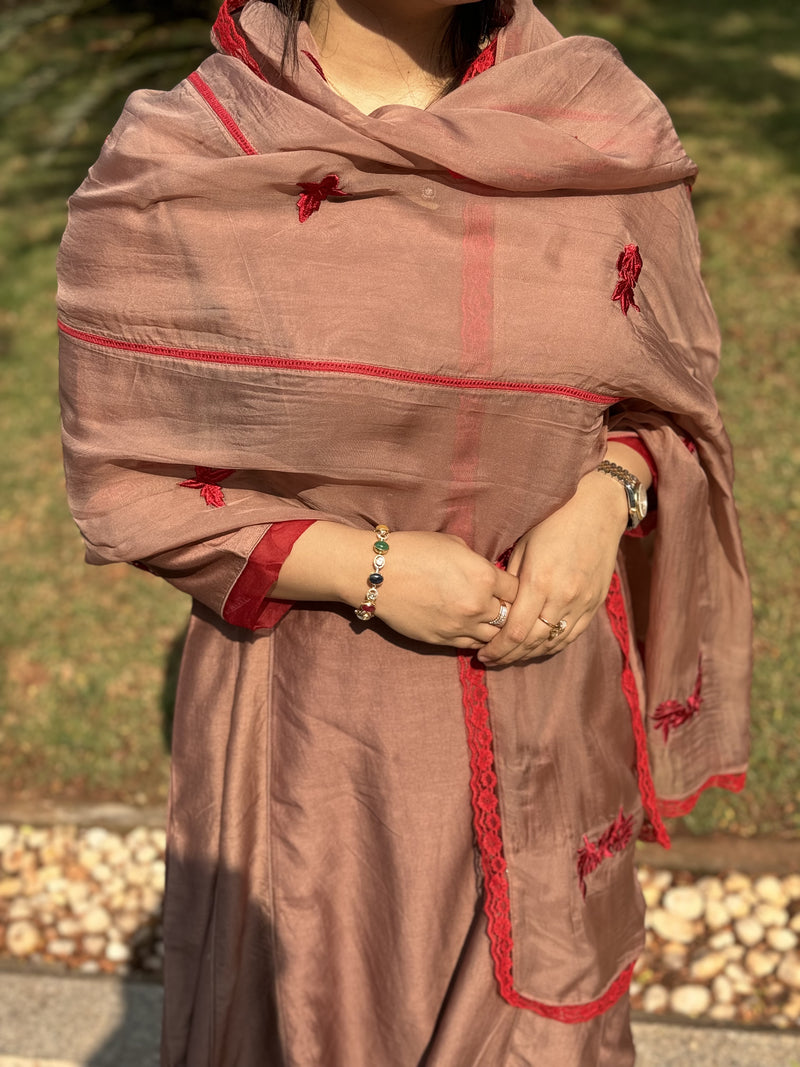 SHEEN - Floral Mocha Mousse Red Handcrafted Anarkali Suit
