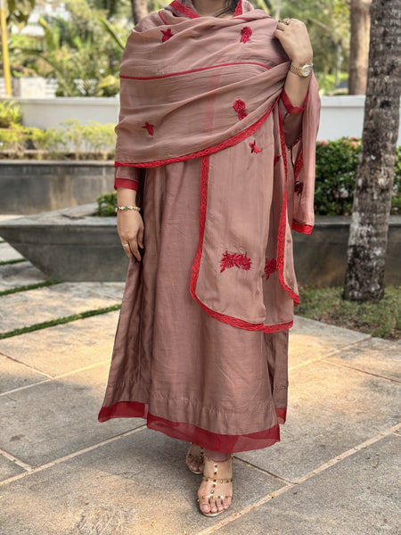 SHEEN - Floral Mocha Mousse Red Handcrafted Anarkali Suit
